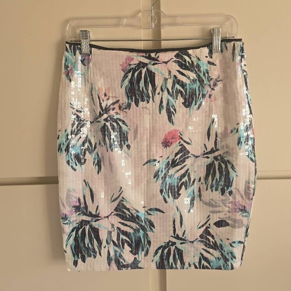 H&M White Floral Print Skirt with Clear Square Sequins, NWT, Sz. 8